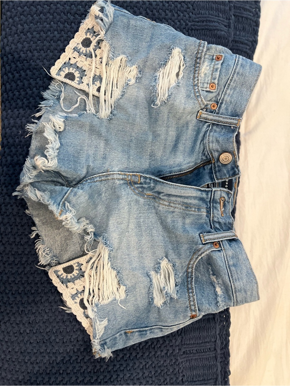 Aeropostale Light Blue Distressed Denim Shorts with Crochet Accent